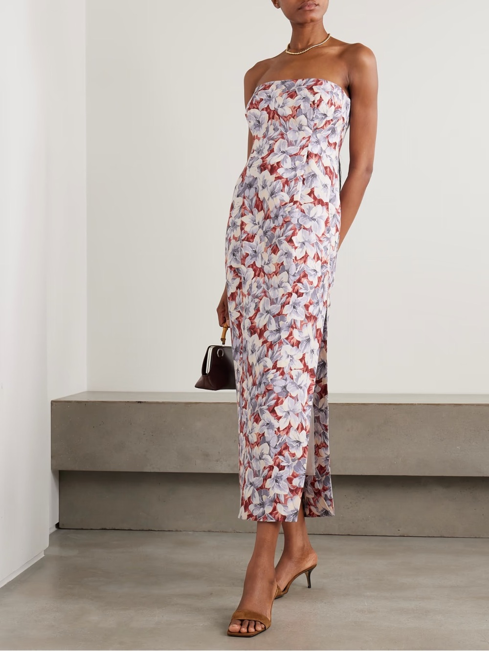 Posse NWT Small Rosalie strapless pleated floral-print linen midi dress